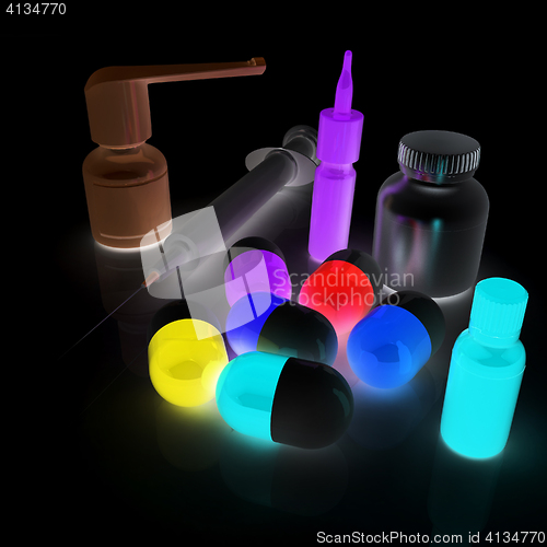 Image of Syringe, tablet, pill jar. 3D illustration