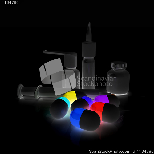 Image of Syringe, tablet, pill jar. 3D illustration