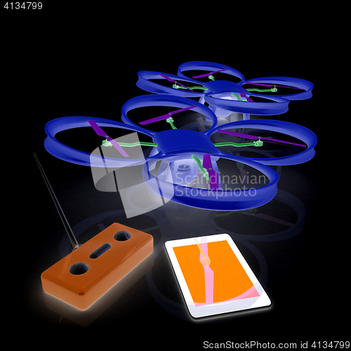 Image of Drone, remote controller and tablet PC