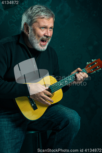 Image of Studio portrait of senior man with guitar.