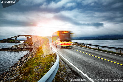 Image of Public bus traveling on the road in Norway