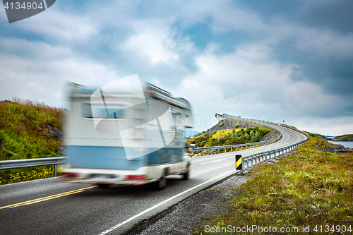 Image of Norway. Caravan car travels on the highway.