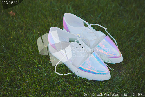Image of wedding bride shoes lying down on green grass