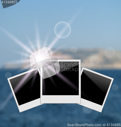 Image of Set photo frame on blurred seascape background 