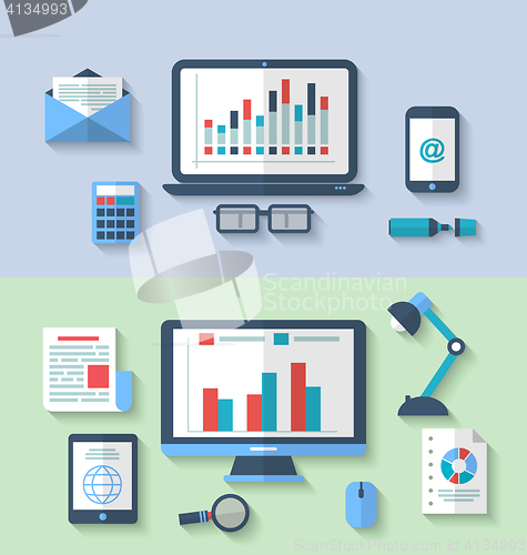 Image of Designed banners with flat icon of modern designer desktop, appl