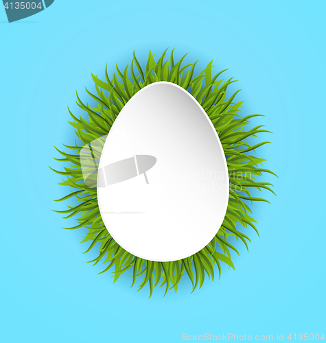 Image of Happy Easter paper card in form egg with green grass, copy space