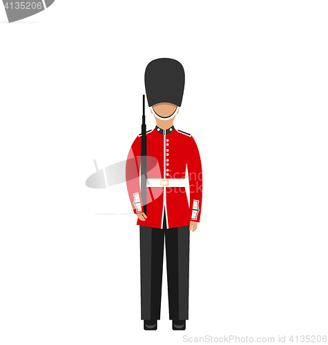 Image of Queen\'s Guard. Man in Traditional Uniform with Weapon, British Soldier