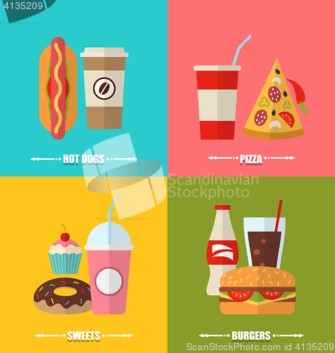 Image of set fast food and drink, flat colorful simple icons