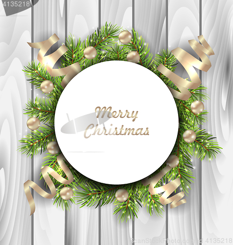Image of Merry Christmas Card with Fir Twigs, Balls and Serpentine