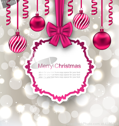 Image of  Greeting Paper Card with Bow Ribbon and Christmas Balls