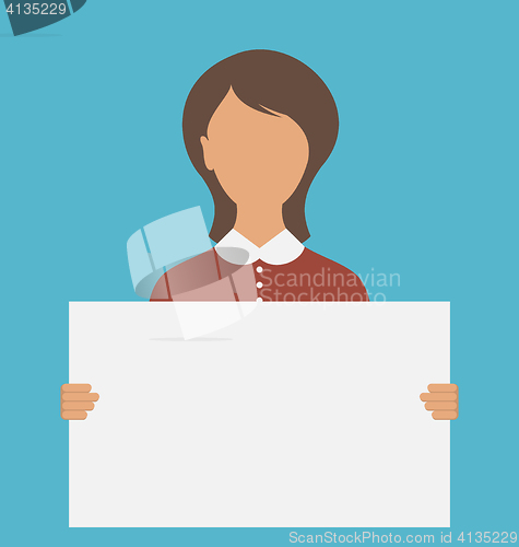 Image of Business Woman Holding Big Blank Paper Banne