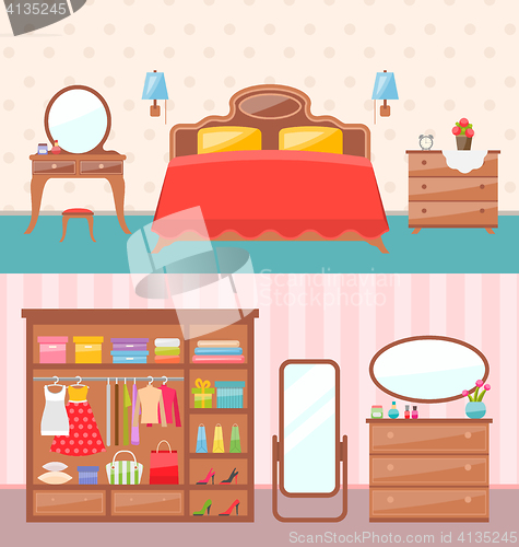 Image of Flat design bedroom interior.  illustration. Modern furniture, bunk bed, carpet, table lamp. Baby room with toys.