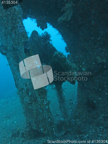 Image of massive shipwreck, sits on a sandy seafloor in bali