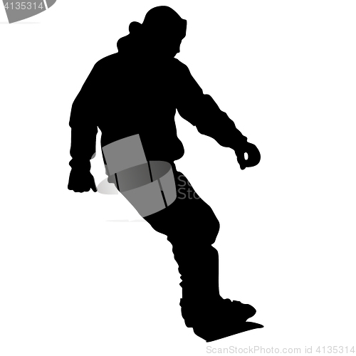 Image of Black silhouettes snowboarders on white background.