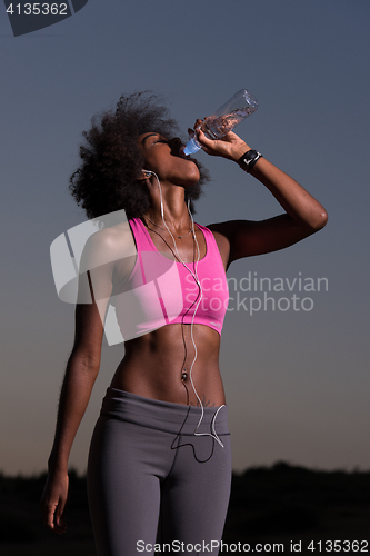 Image of african american woman drinking water after jogging in nature