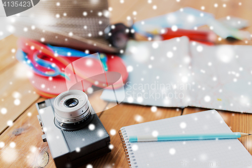 Image of close up of camera, notepad and travel stuff