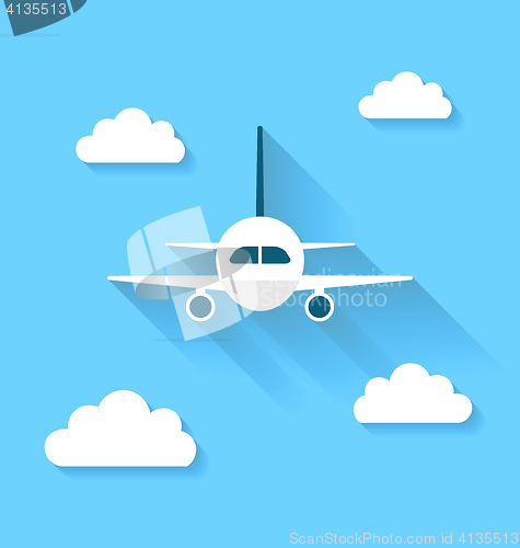 Image of Simple icons of plane and clouds with long shadows, modern flat 