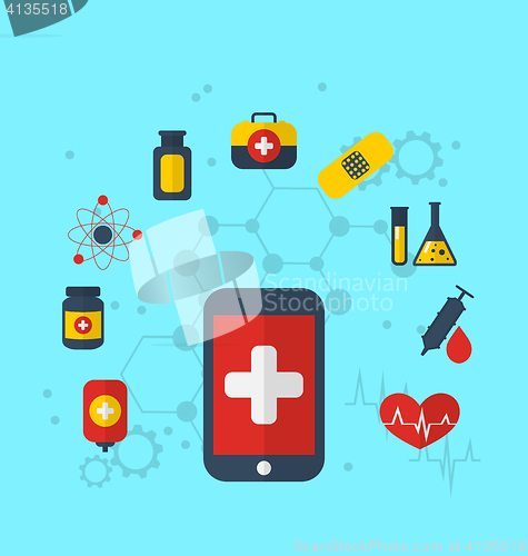 Image of Smart phone with medical icons for web design, modern flat style