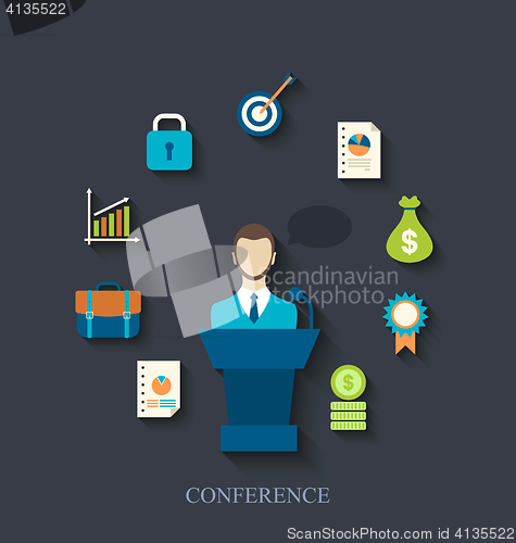 Image of Orator speaking from tribune and flat icons of business conferen