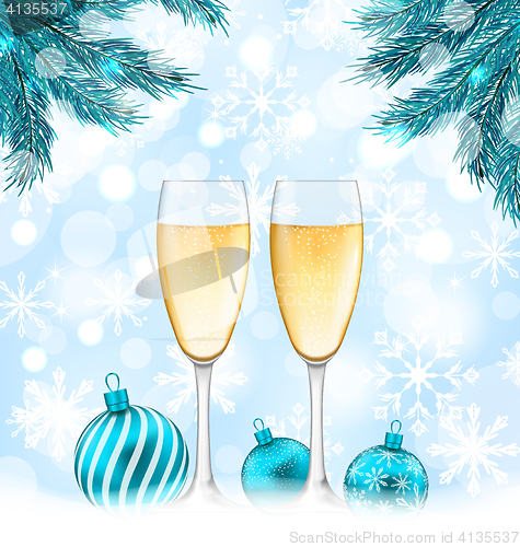 Image of Merry Christmas Background with Glasses of Champagne