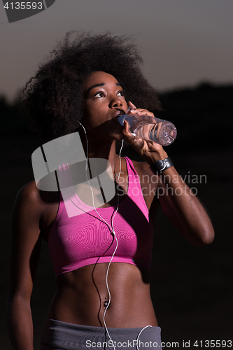 Image of african american woman drinking water after jogging in nature