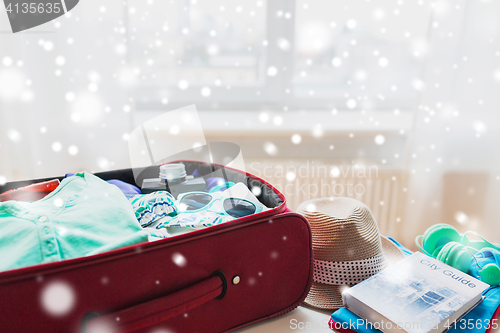 Image of close up of travel bag with clothes and stuff