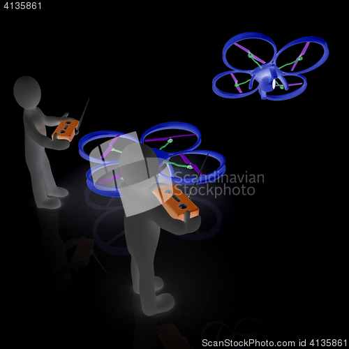 Image of 3d man with drone, quadrocopter, with photo camera. 3d render. 3