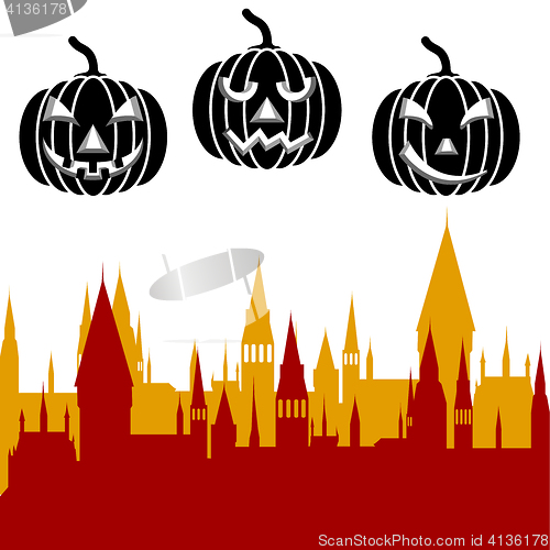 Image of Halloween pumpkin and castle tower. illustration