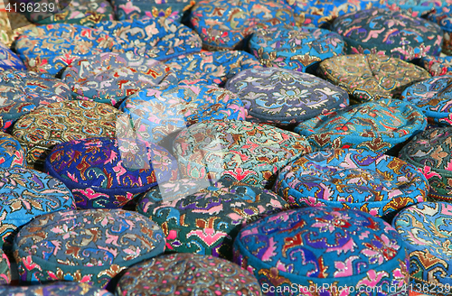 Image of The traditional Uzbek cap, named tubeteika, on a market