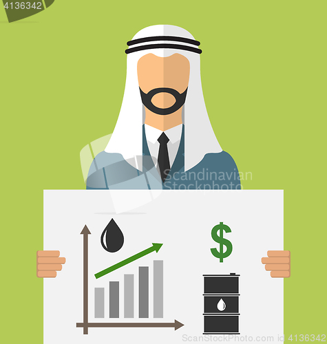 Image of  Arabic Businessman Holding Banner with Graphic of Oil Prices Up