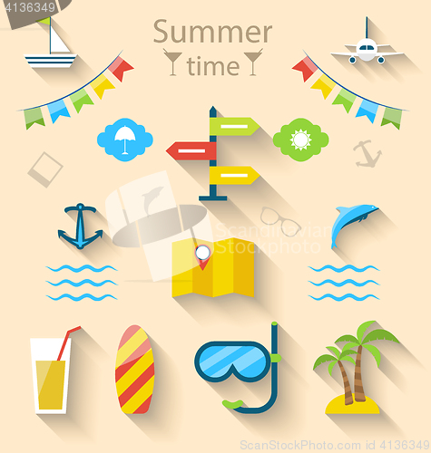 Image of Flat colorful set icons of travel on holiday journey, tourism ob