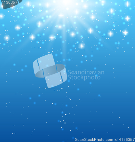 Image of Abstract blue background with sunbeams and shiny stars