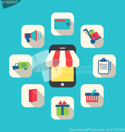 Image of Concept of Online Shop, E-commerce, Colorful Simple Icons 
