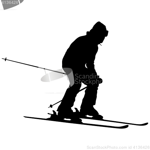 Image of Mountain skier speeding down slope. sport silhouette