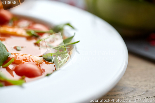 Image of close up of gazpacho soup at restaurant