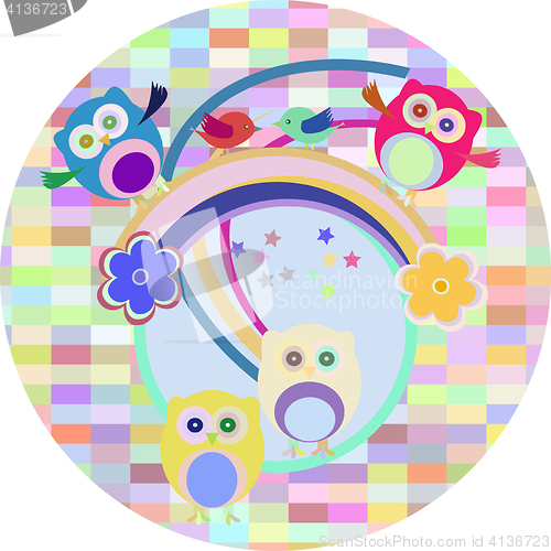 Image of holiday background with owl, flowers and birds. vector illustration