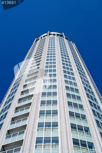 Image of High modern building on background blue sky. Moscow, Russia.