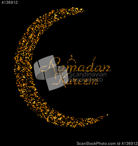 Image of Ramadan Kareem Background with Moon and Calligraphy Text Made of Golden Confetti