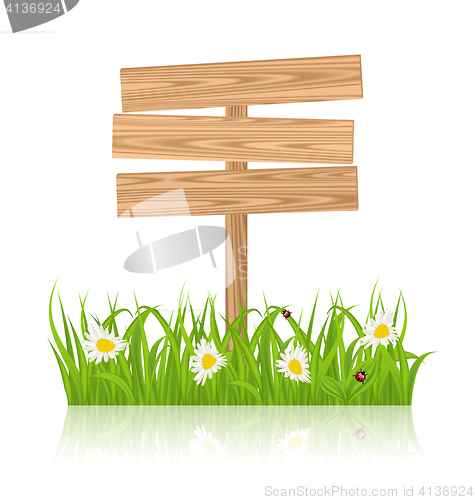 Image of Wooden signboard for guidepost with field green grass and camomi