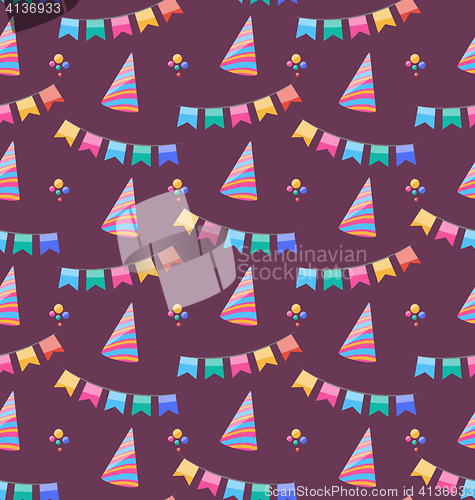 Image of Seamless Holiday Pattern with Colorful Buntings and Party Hats