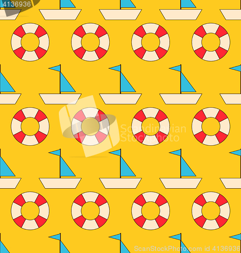 Image of Seamless Pattern with Sea Elements: Sailboats and Lifebuoy