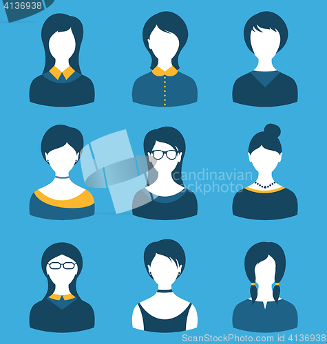 Image of Set female characters, front portrait,  isolated on blue backgro