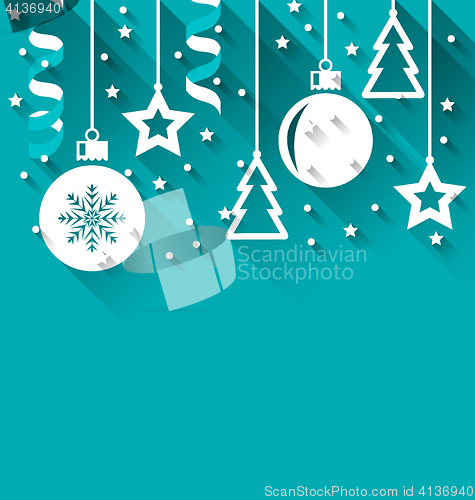 Image of Xmas background with fir, balls, stars, streamer, trendy flat st