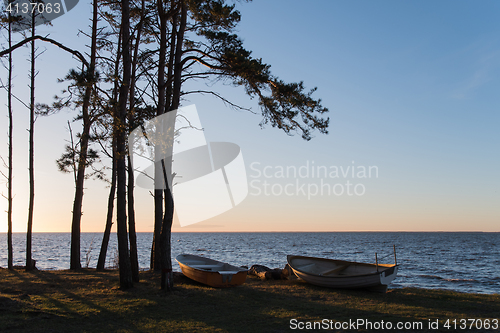 Image of Rowing boats on land by the coast