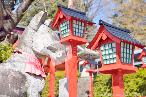 Image of Stone fox and red lanterns in Inuyama, Japan