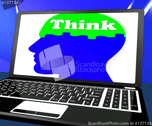 Image of Think On Brain On Laptop Shows Solving Problems Online