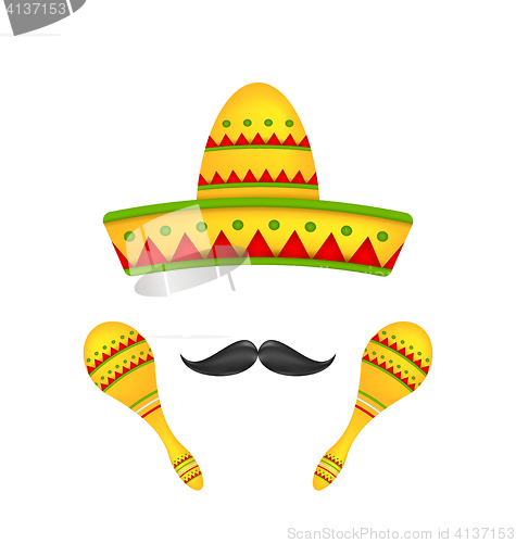 Image of Mexican Symbols Sombrero Hat, Musical Maracas, Mustache