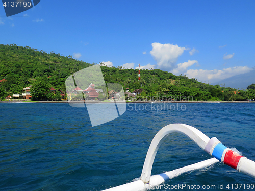 Image of View from boat, lagoon  and green coast  village. Bali, Indonesi