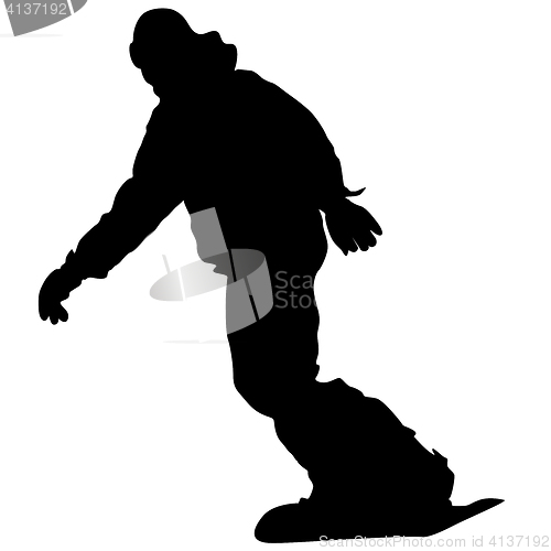 Image of Black silhouettes snowboarders on white background.