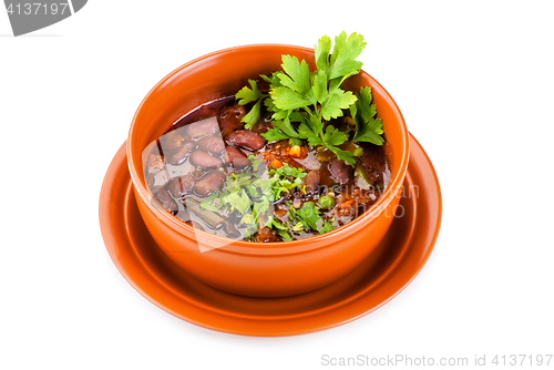 Image of Bowl of mexican chili kidney bean soup with meat
